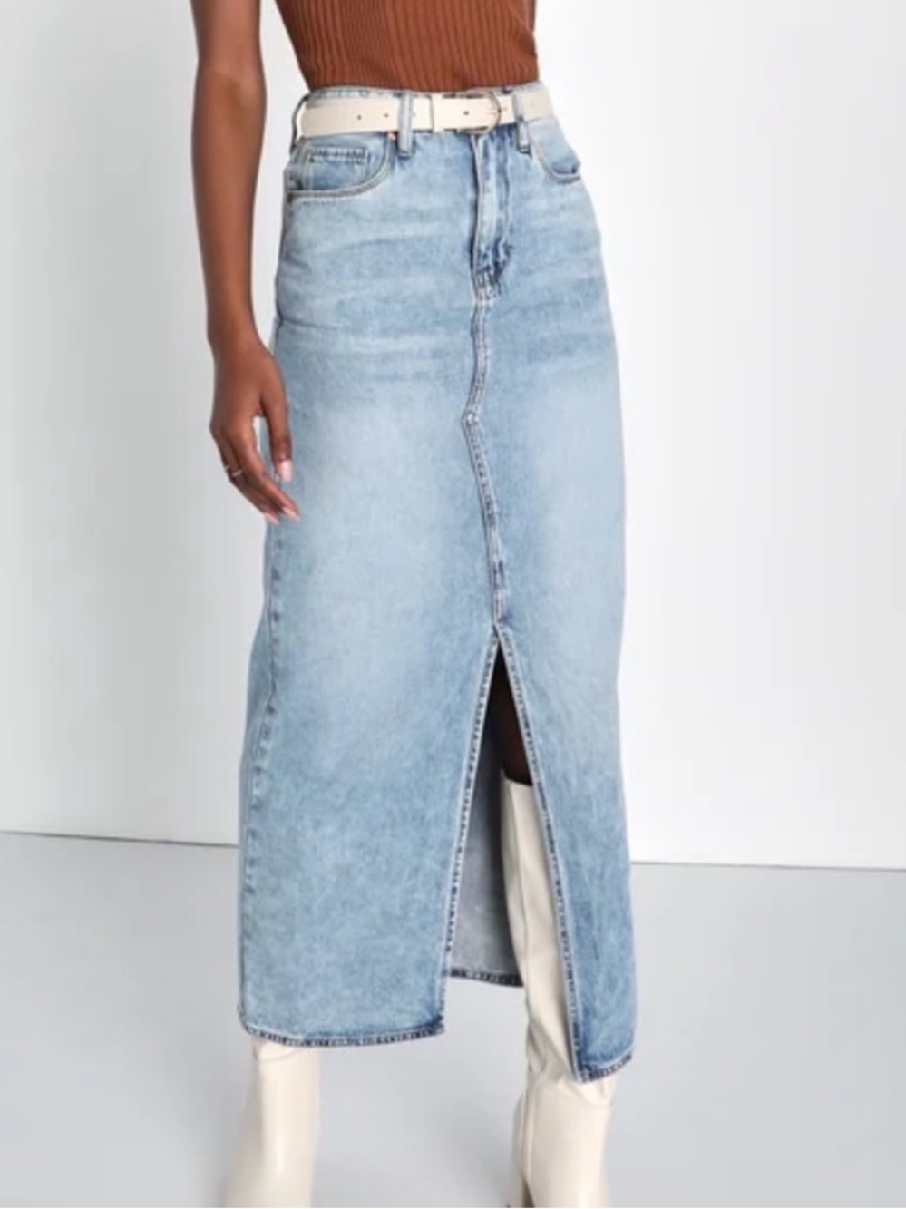 Blank NYC Light Blue Denim Maxi Skirt with Center Front Slit